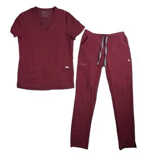 Figs Women's Red Nurse Doctor Uniform Pants Short Sleeve Top Scrub Set Size XS